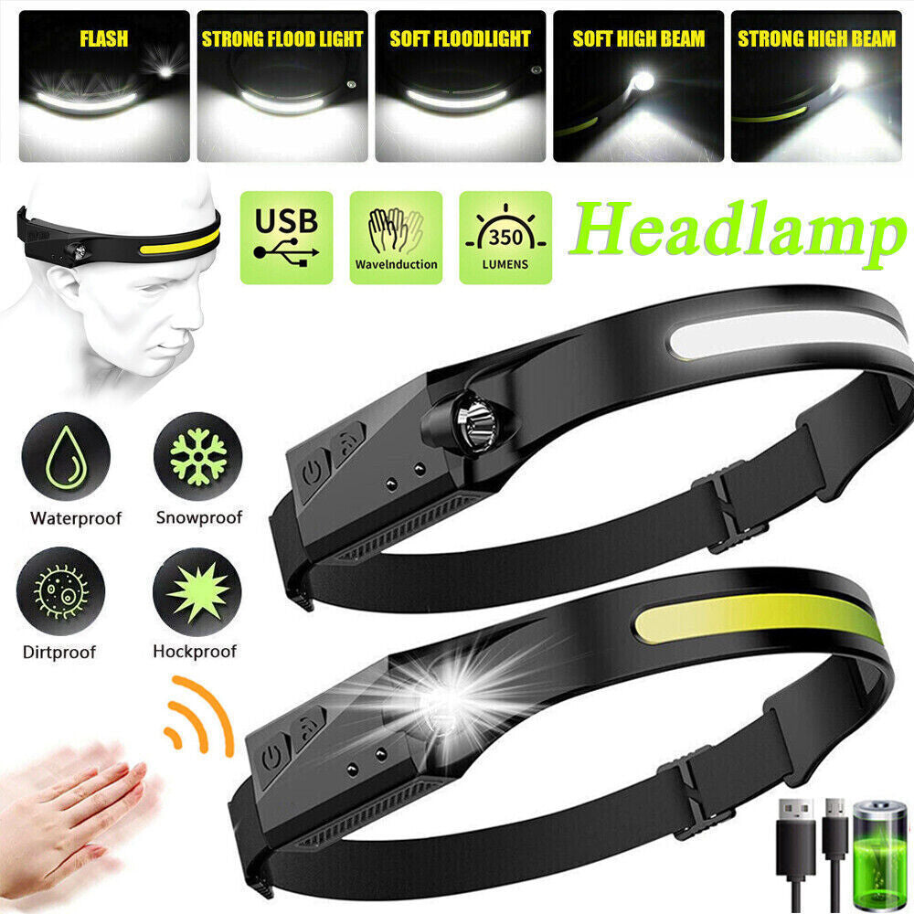Lampe Frontale 1-2 LED COB Rechargeable & Étanche – Capteur de Mouvement