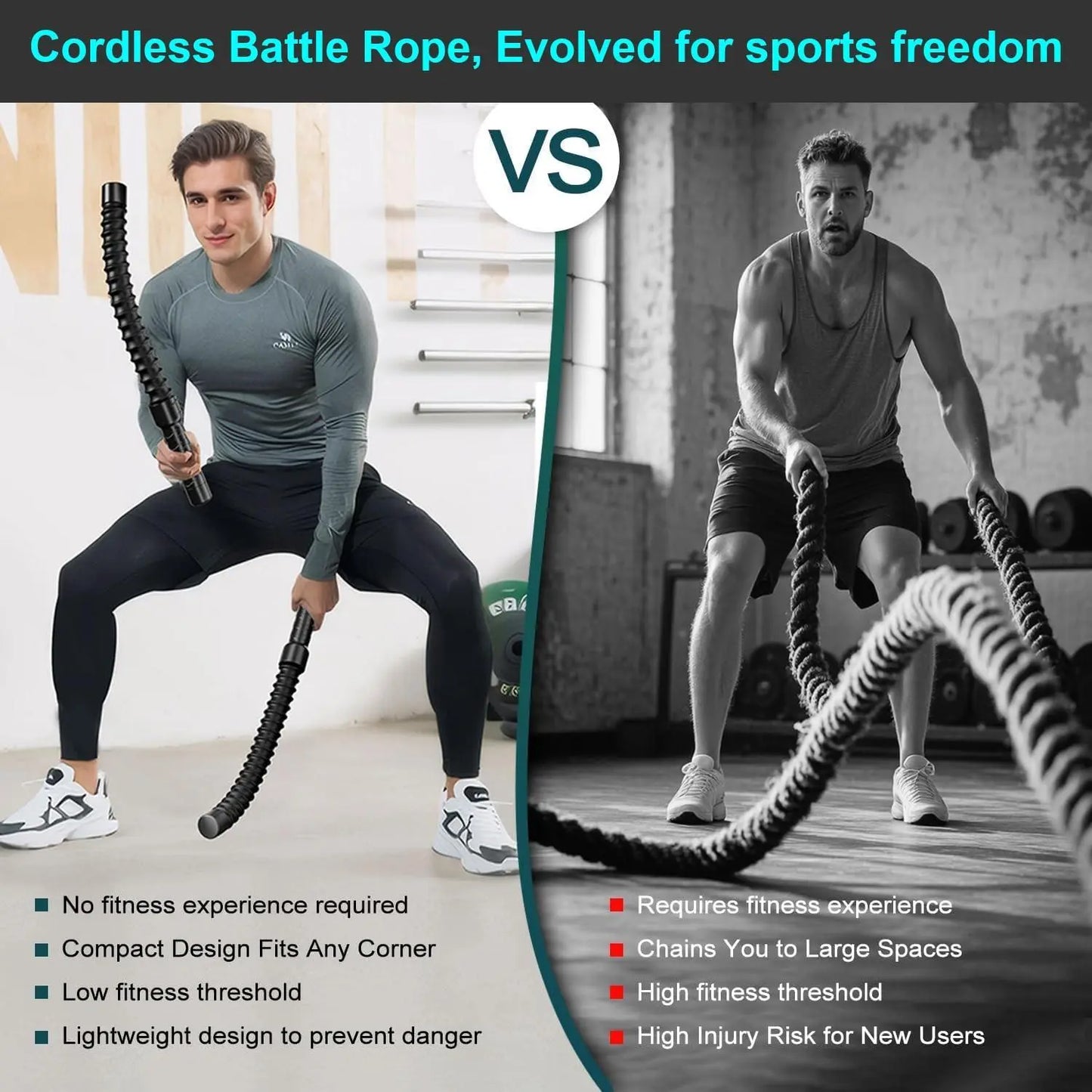 Cordless Battle Ropes, Home Fitness Equipment, Integrated Non-slip Handles, Rubber-coated Springs, Unisex, Suitable For Indoor And Outdoor Training, HIIT Training, Low-impact Cardio Training. - FITNESS ZEN STORE