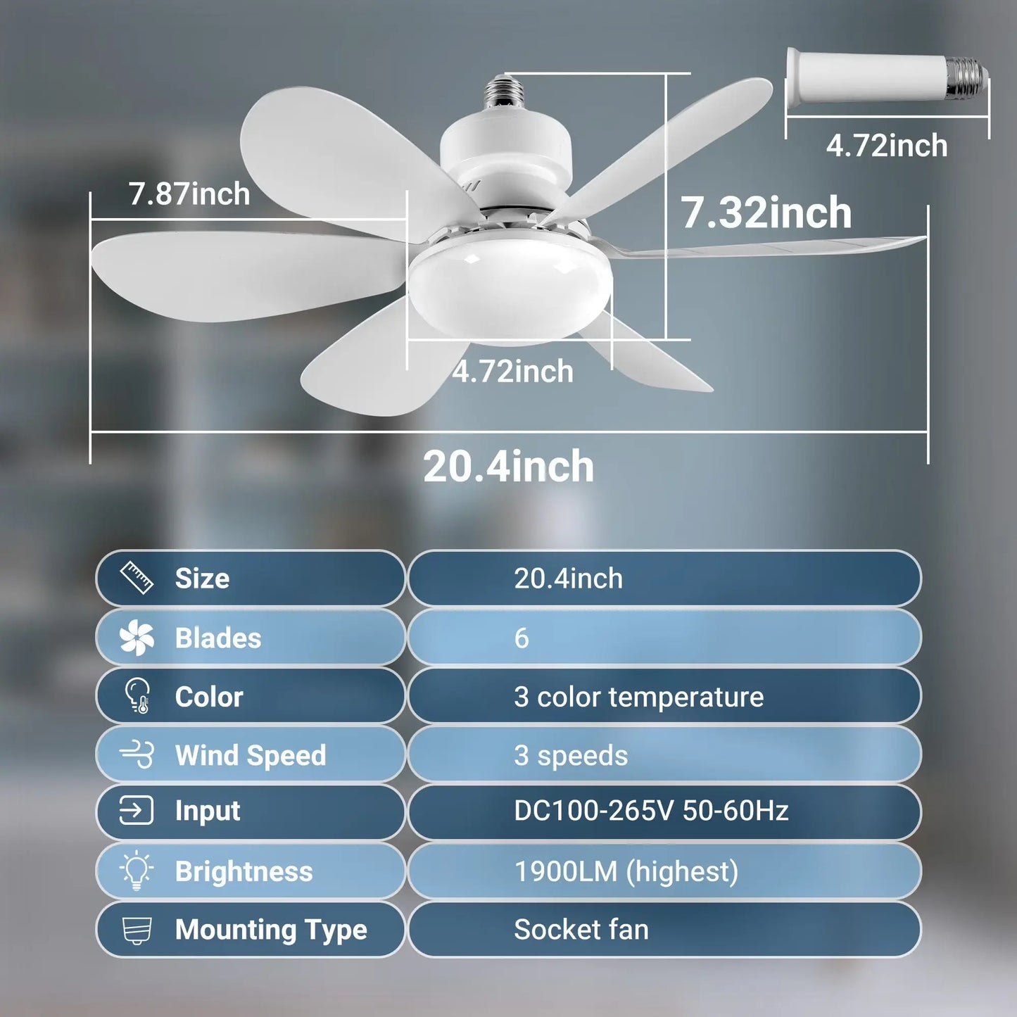 Socket Fan Light, 20.5In Ceiling Fans with Lights and Remote,1900 Lumens Dimmable 6 Blades Screw in Ceiling Fan for Bedroom Living Room Cloakroom Kitchen Garage, White