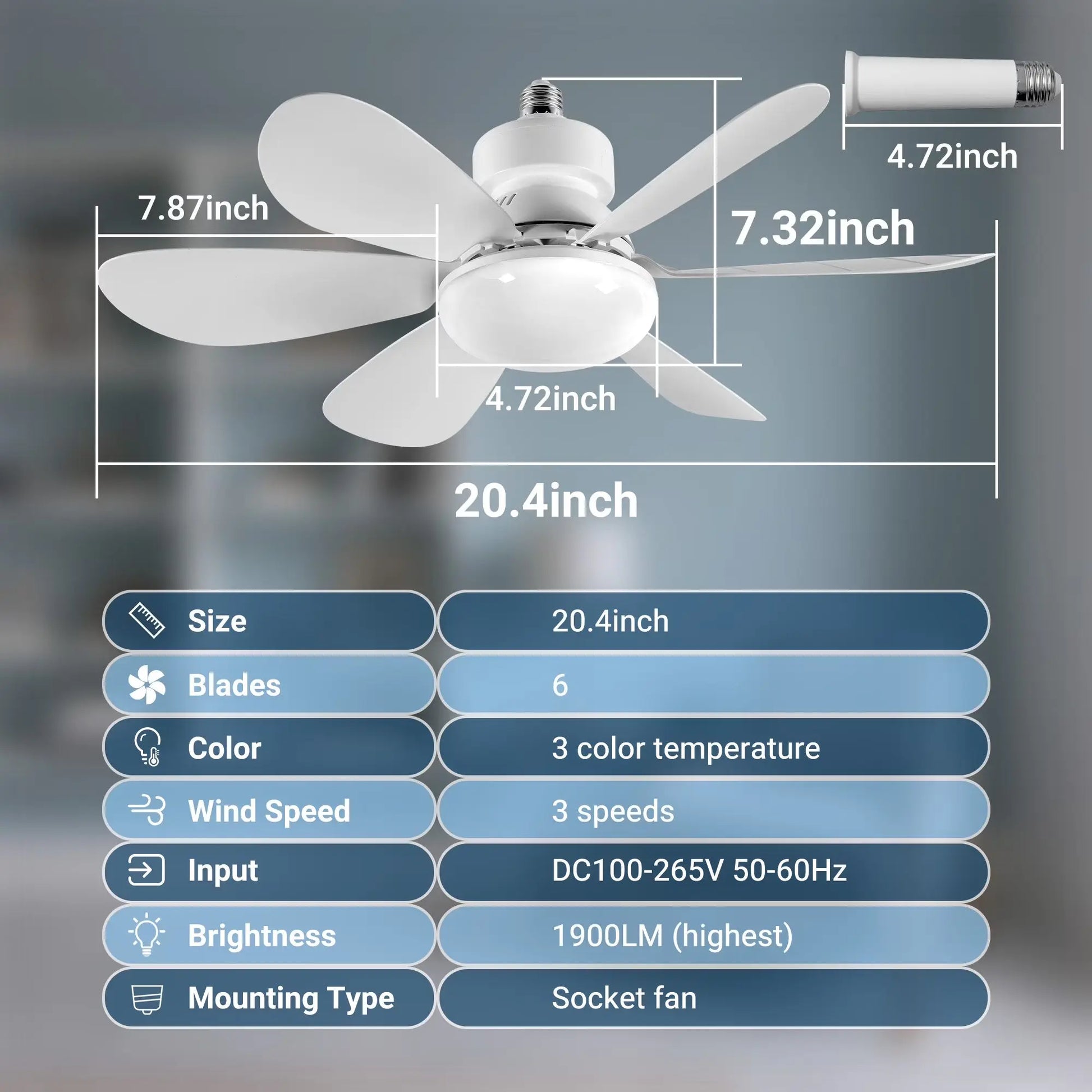 Socket Fan Light, 20.5In Ceiling Fans with Lights and Remote,1900 Lumens Dimmable 6 Blades Screw in Ceiling Fan for Bedroom Living Room Cloakroom Kitchen Garage, White