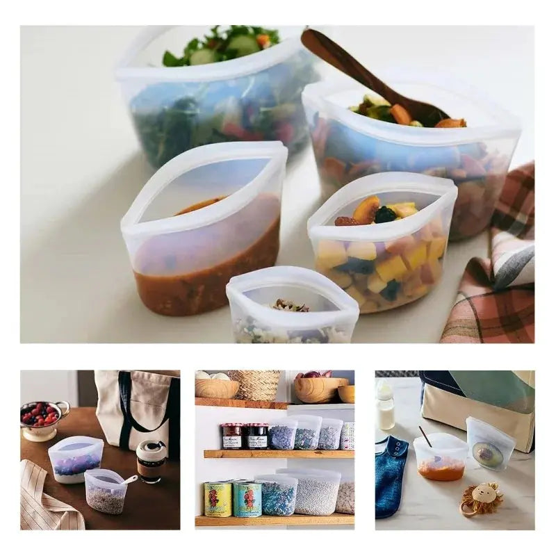 Reusable Silicone Food Storage Bag Fresh-Keeping Sealed Food Bag Ziplock Bags Fridge Storage Food Cover Leakproof Plastic Bags