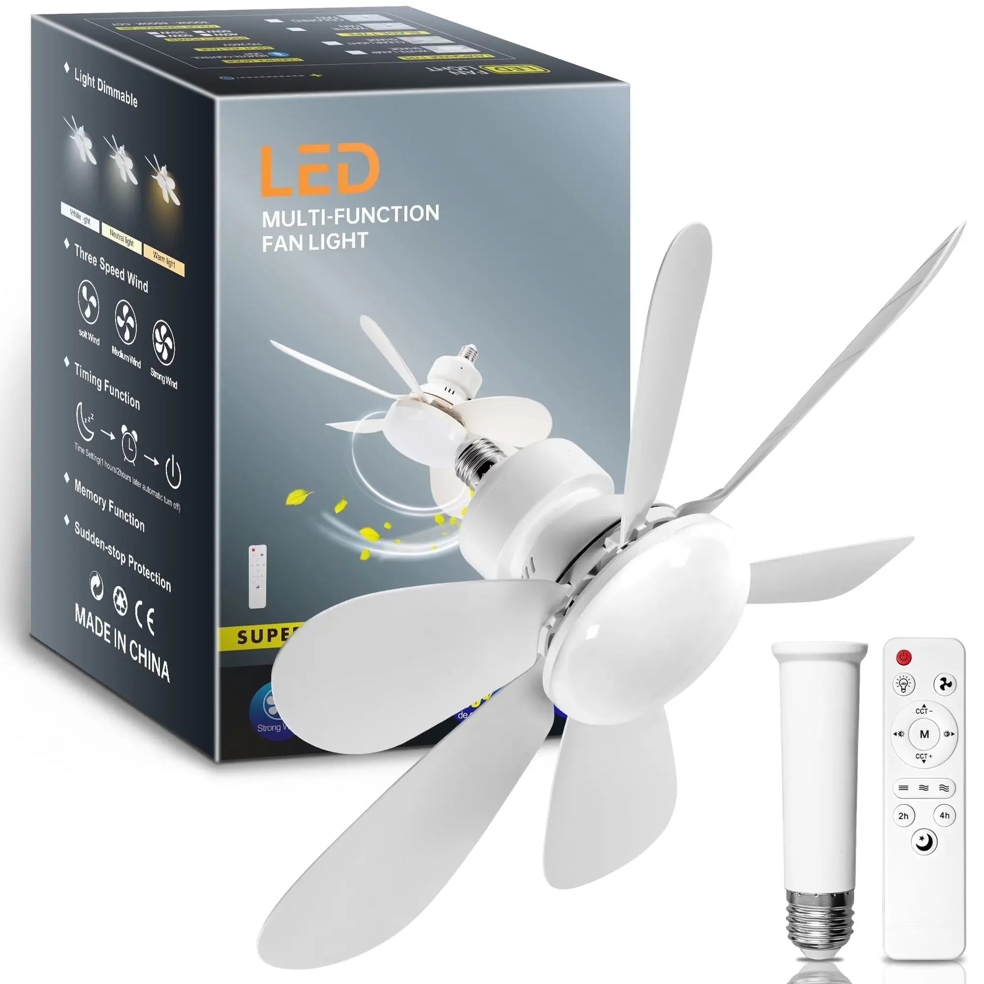 Socket Fan Light, 20.5In Ceiling Fans with Lights and Remote,1900 Lumens Dimmable 6 Blades Screw in Ceiling Fan for Bedroom Living Room Cloakroom Kitchen Garage, White