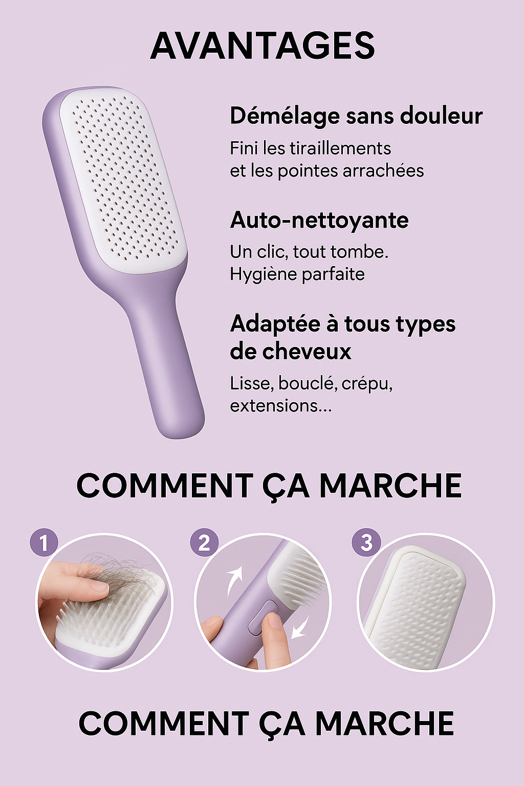 Peigne Massant Auto-Nettoyant Anti-Statique  Démêlage Sans Effort