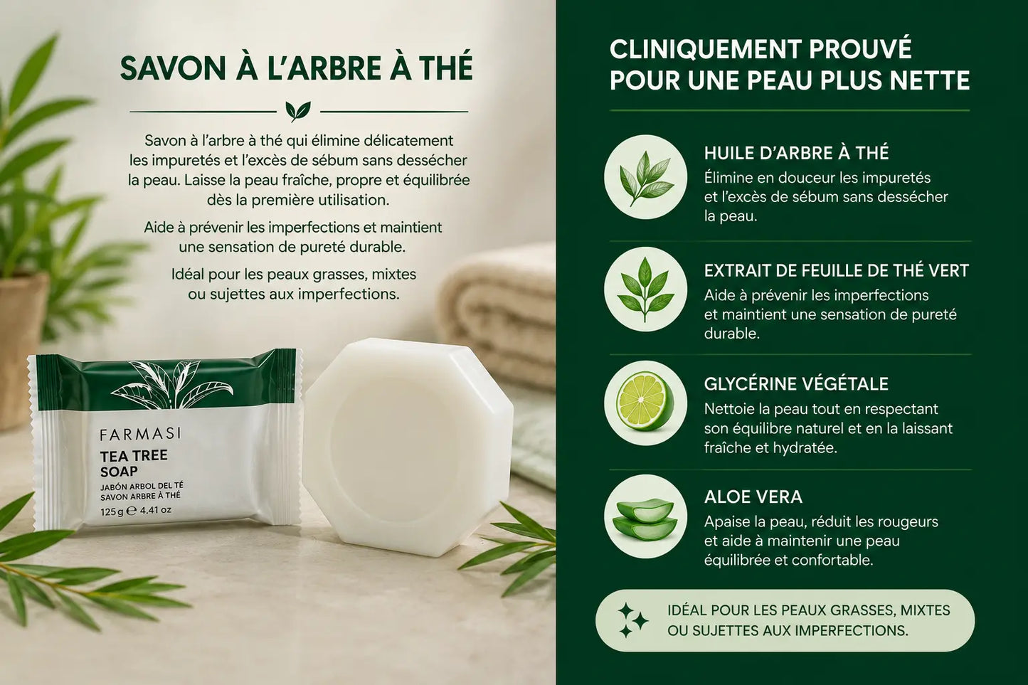 Savon Tea Tree Purifiant | Nettoyant Visage & Corps - Peaux Grasses et Mixtes FARMASI