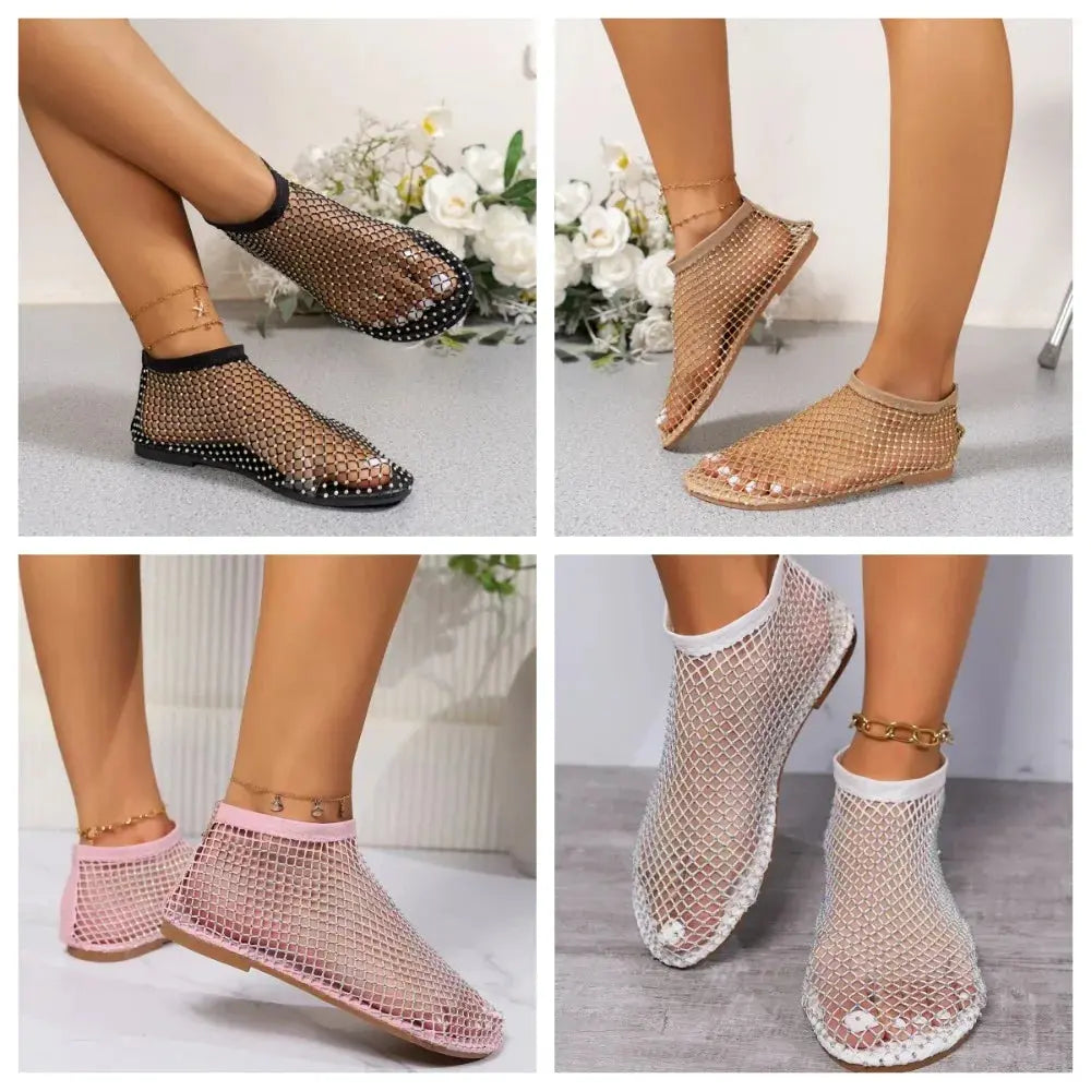 Fashion Holiday Rhinestone Sandal Slipper Non-Slip Waterproof Mesh Seaside Sandals Flat Shoes Shiny Sexy Ankle Boot Outdoor résille, strass, glamour, soirée, plates confortables